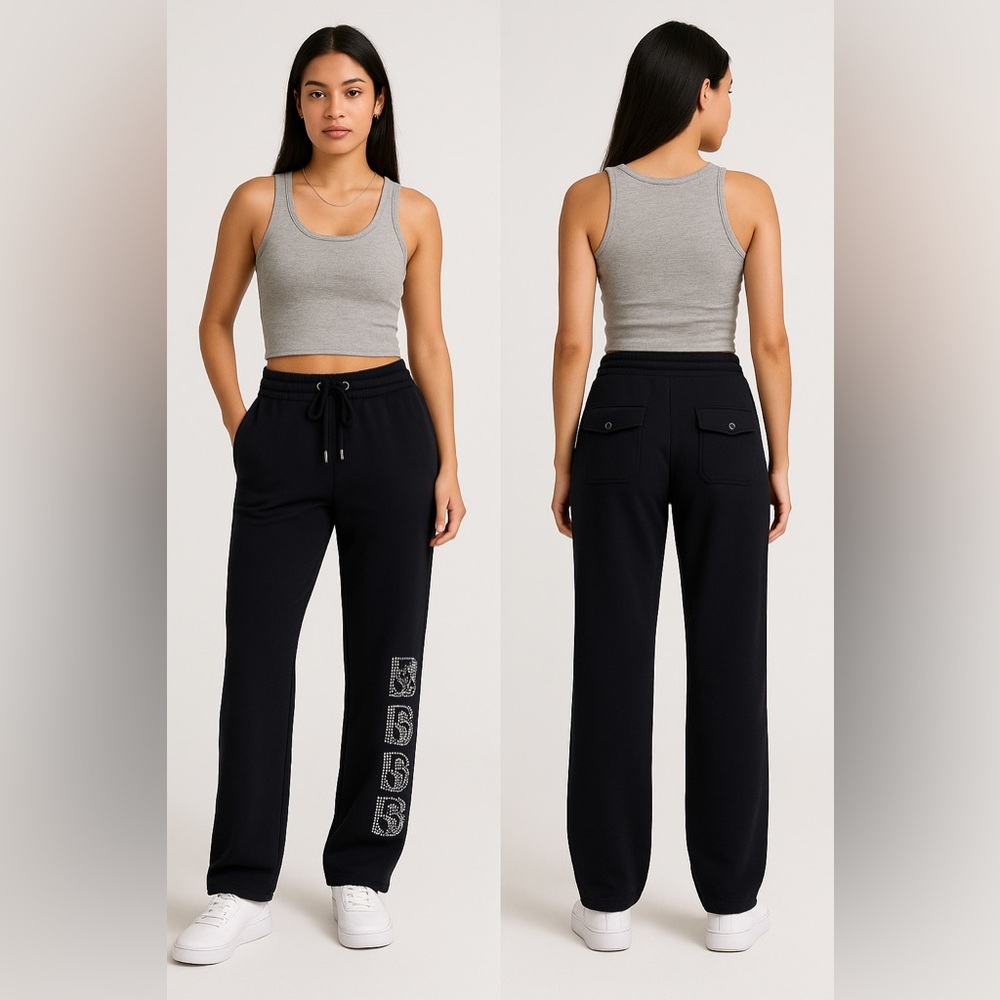 BCBG MaxAzria Black Cotton Blend Crystal Embellished Logo Sweatpants Sz. M